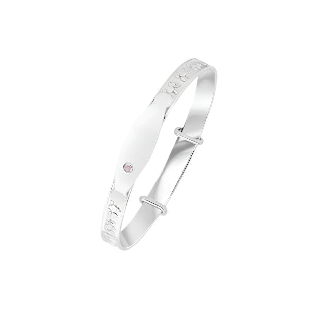 Silver 5.2mm Teddy Bear Baby Bangle with ID Engraving Plate & Pink Cubic Zirconia