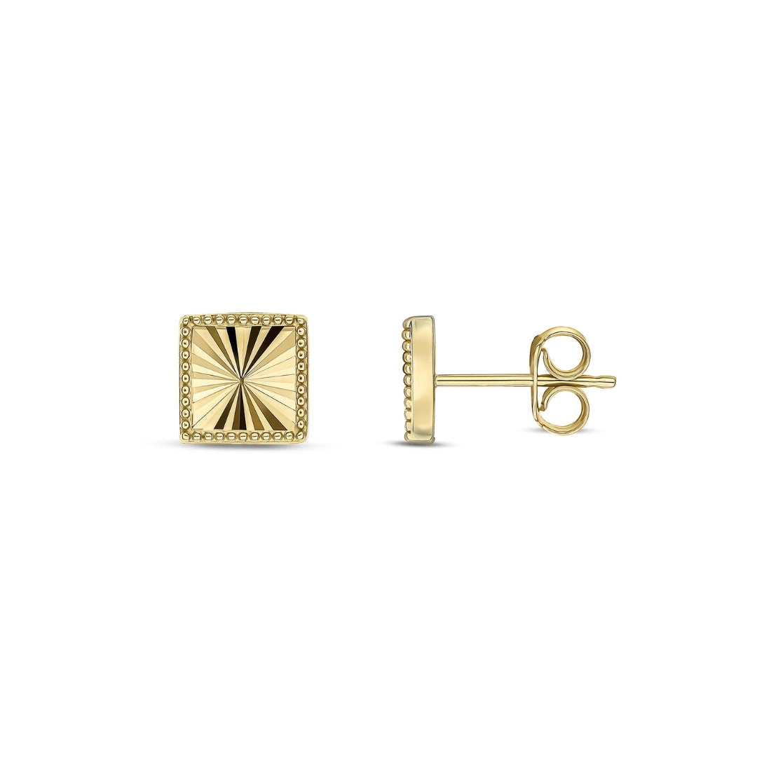 9CT Yellow Gold Diamond Cut Beaded Edge Square Stud Earrings 7.8mm