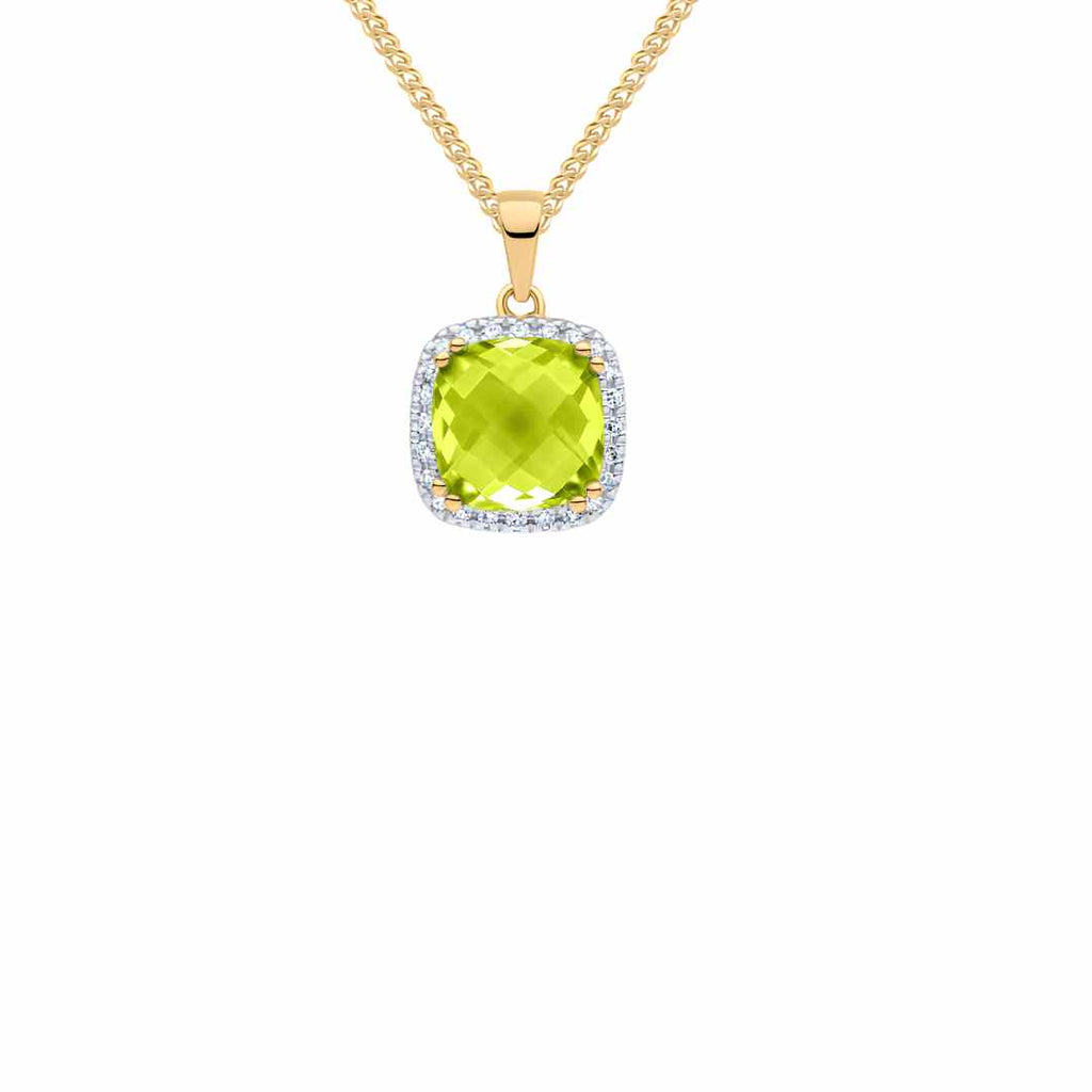9CT Yellow Gold Cushion Peridot & Diamond Cluster Pendant