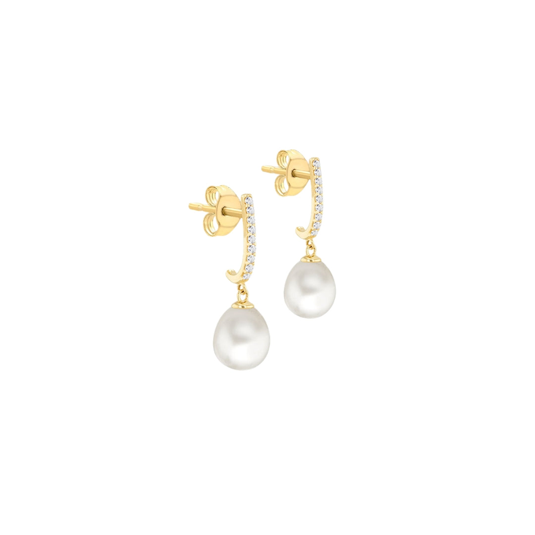 9ct Yellow Gold Freshwater Pearl & CZ Drop Stud Earrings