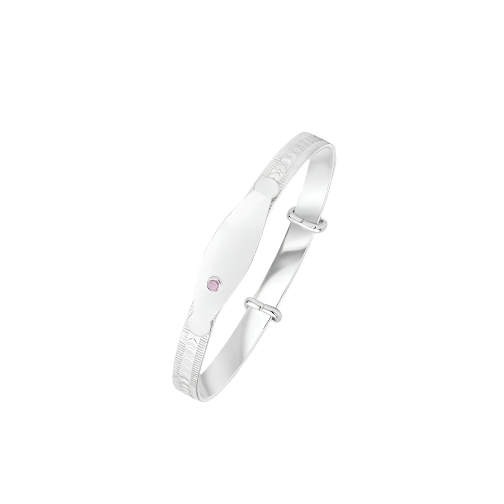 Silver 4.6mm Heart Design Baby Bangle with ID Engraving Plate & Pink Cubic Zirconia