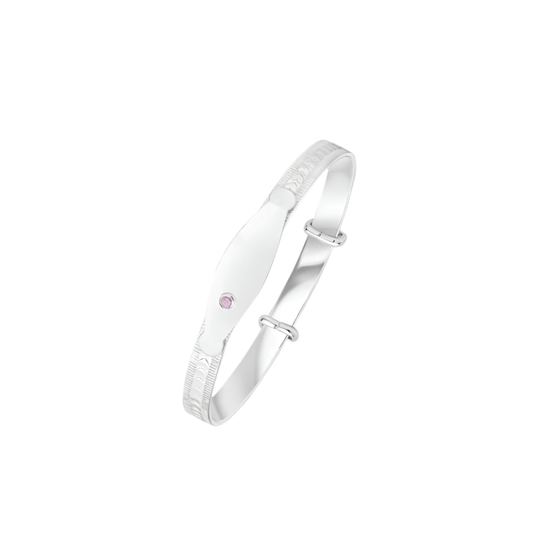 Silver 4.6mm Heart Design Baby Bangle with ID Engraving Plate & Pink Cubic Zirconia