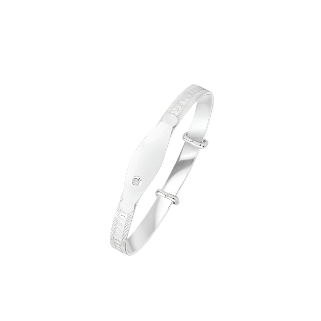 Silver 4.6mm Heart Design Baby Bangle with ID Engraving Plate & Cubic Zirconia