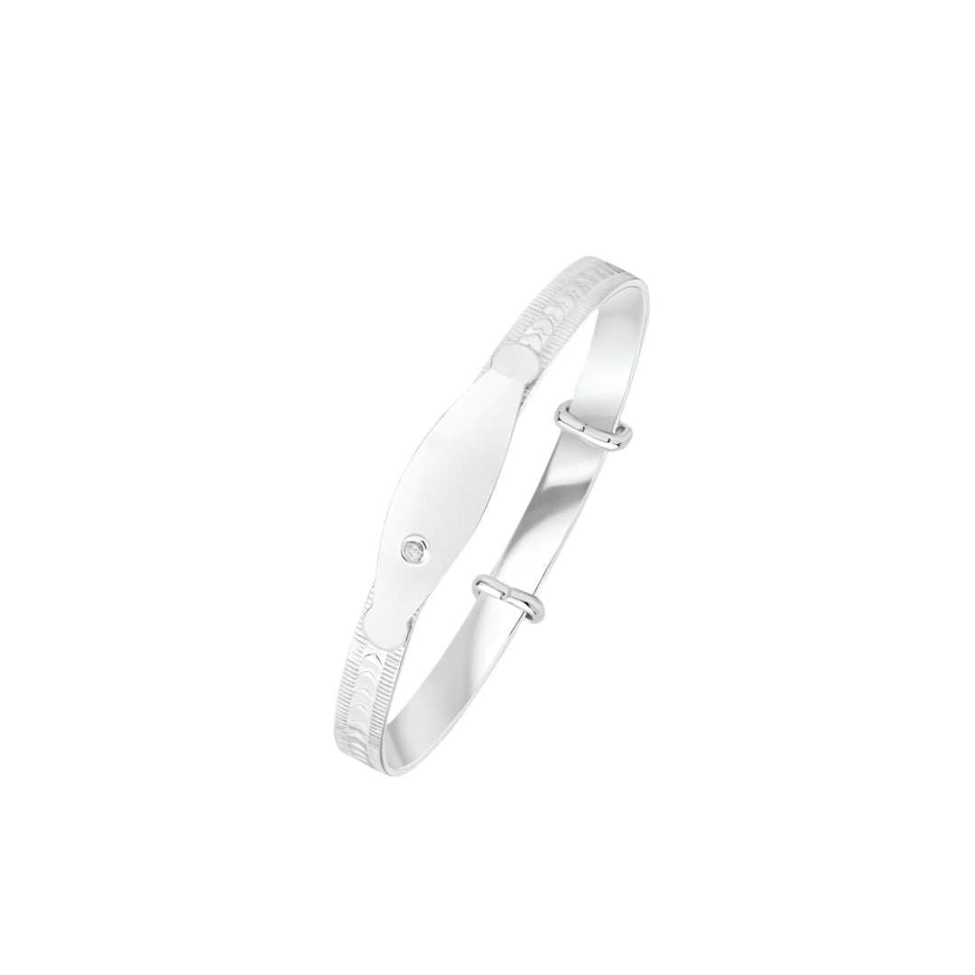 Silver 4.6mm Heart Design Baby Bangle with ID Engraving Plate & Cubic Zirconia