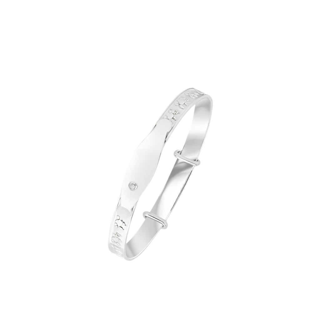 Silver 5.2mm Teddy Bear Baby Bangle with ID Engraving Plate & Cubic Zirconia