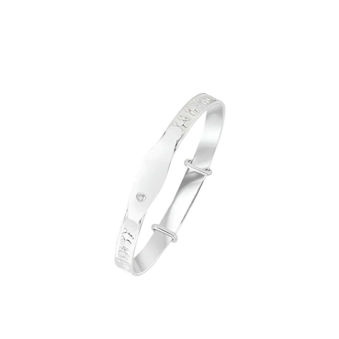 Silver 5.2mm Teddy Bear Baby Bangle with ID Engraving Plate & Cubic Zirconia