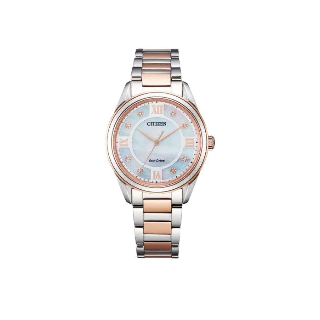 Citizen Eco-Drive Arezzo Diamond & White Mother of Pearl Dial with Two Tone Pink Gold Bracelet