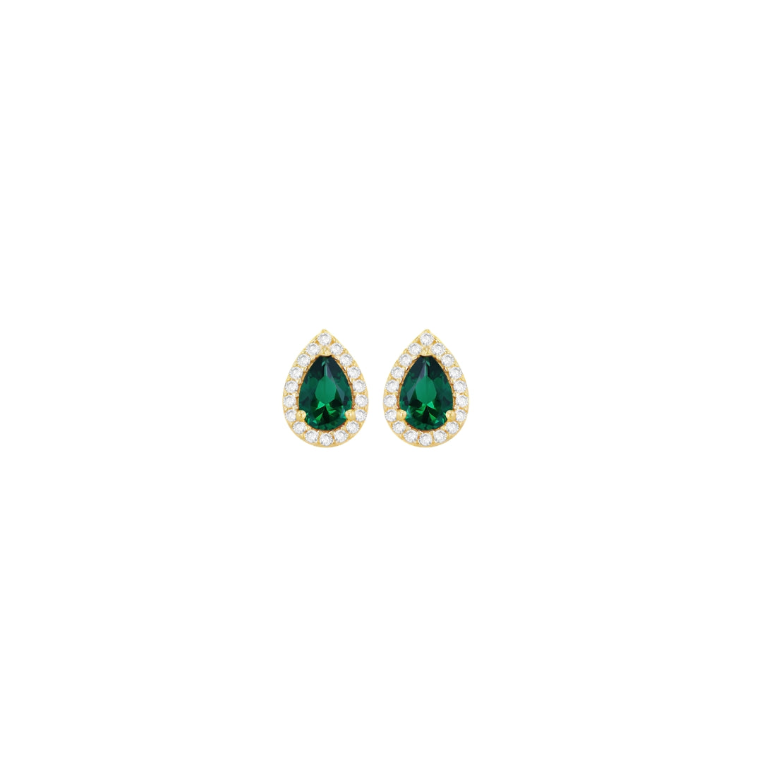 9ct Yellow Gold Green Pear Shaped CZ Halo Stud Earrings