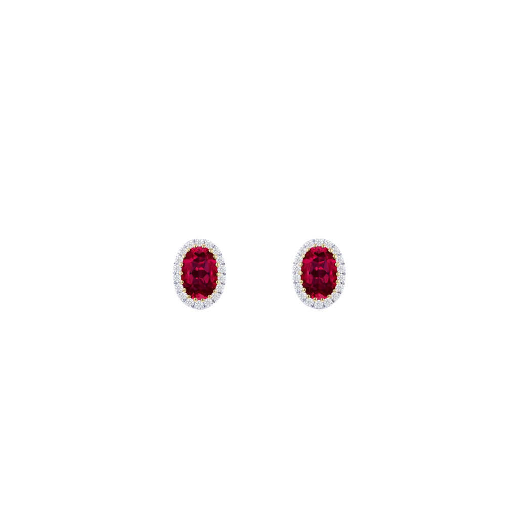 9ct Yellow Gold Lab Created Ruby & Diamond Cluster Stud Earrings