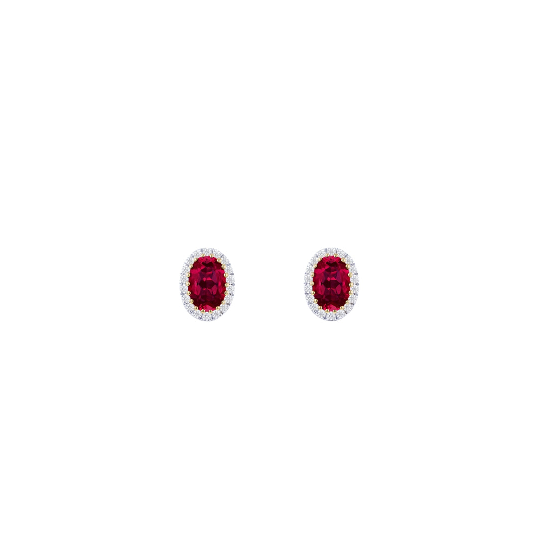 9ct Yellow Gold Lab Created Ruby & Diamond Cluster Stud Earrings