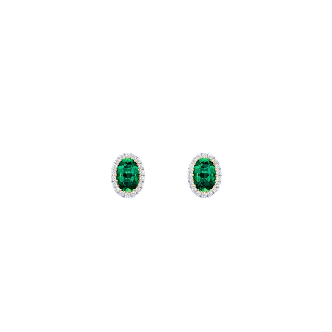 9ct Yellow Gold Lab Created Emerald & Diamond Cluster Stud Earrings