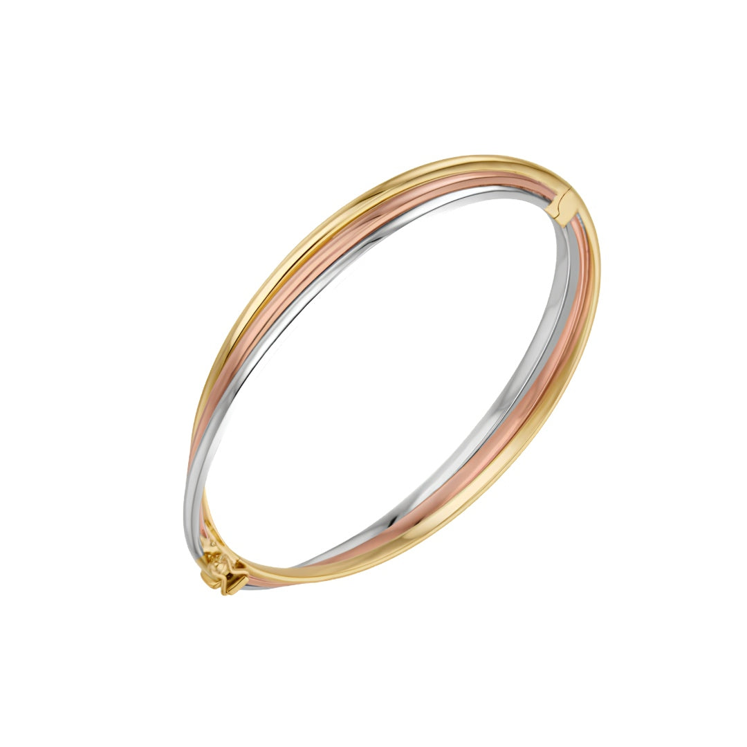 9CT Three Tone Yellow, White & Rose Gold Russian Hinged Bangle