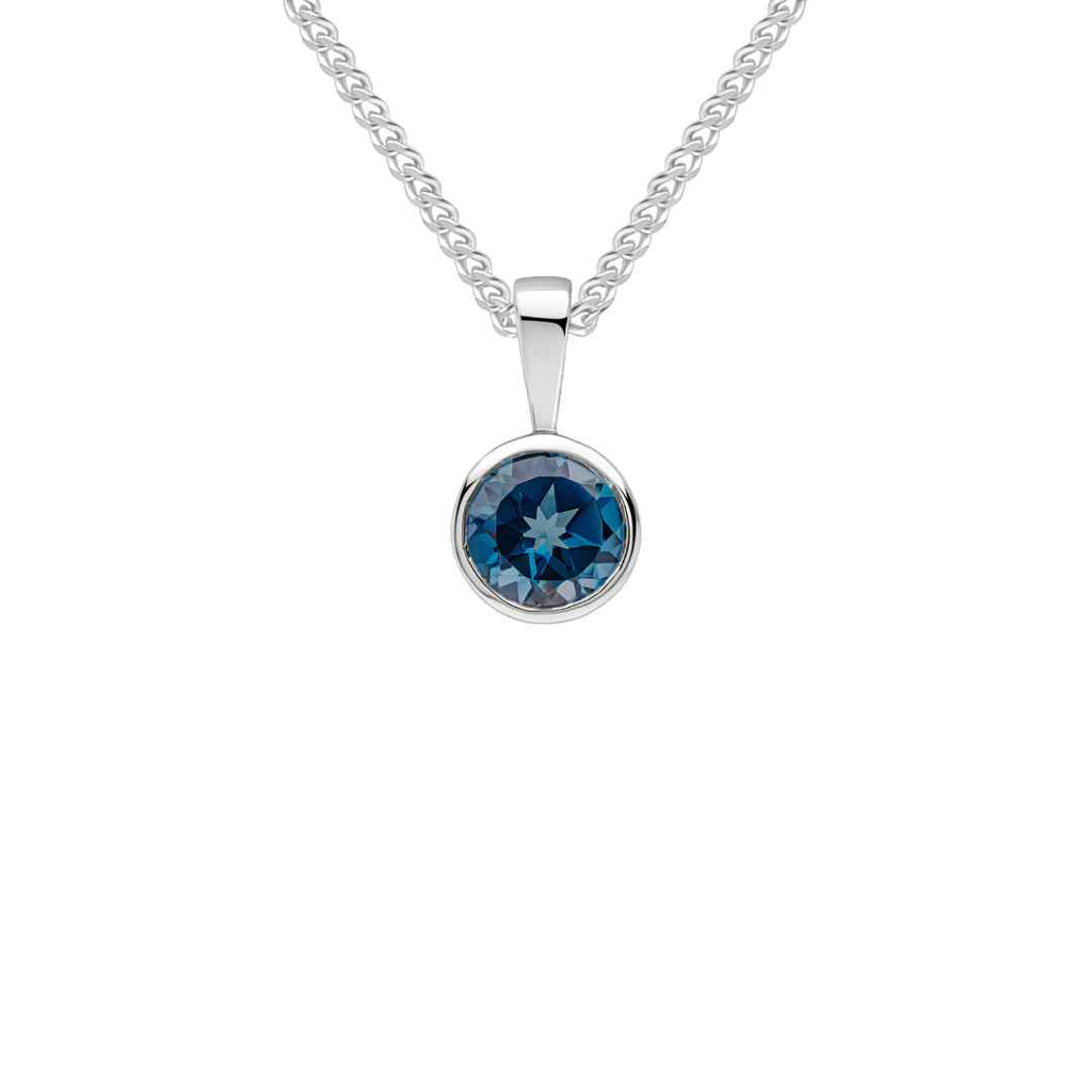 9CT White Gold Round London Blue Topaz Rubover Pendant 6mm