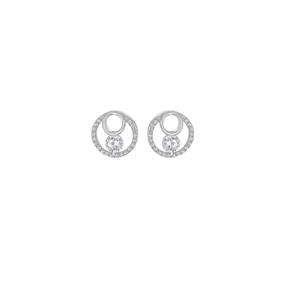 Sterling Silver Rhodium Plated CZ Double-Circle Earrings