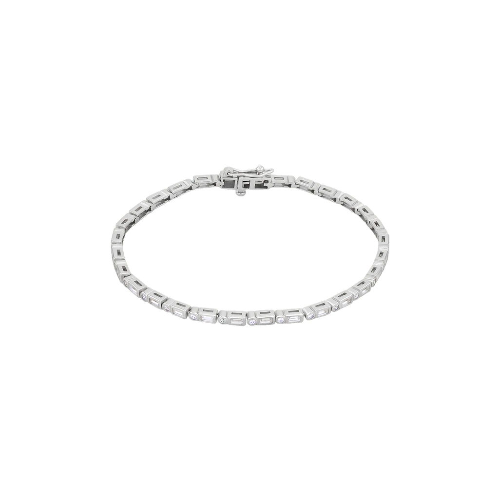 Sterling Silver Rhodium Plated White Baguette & Round CZ Tennis Bracelet