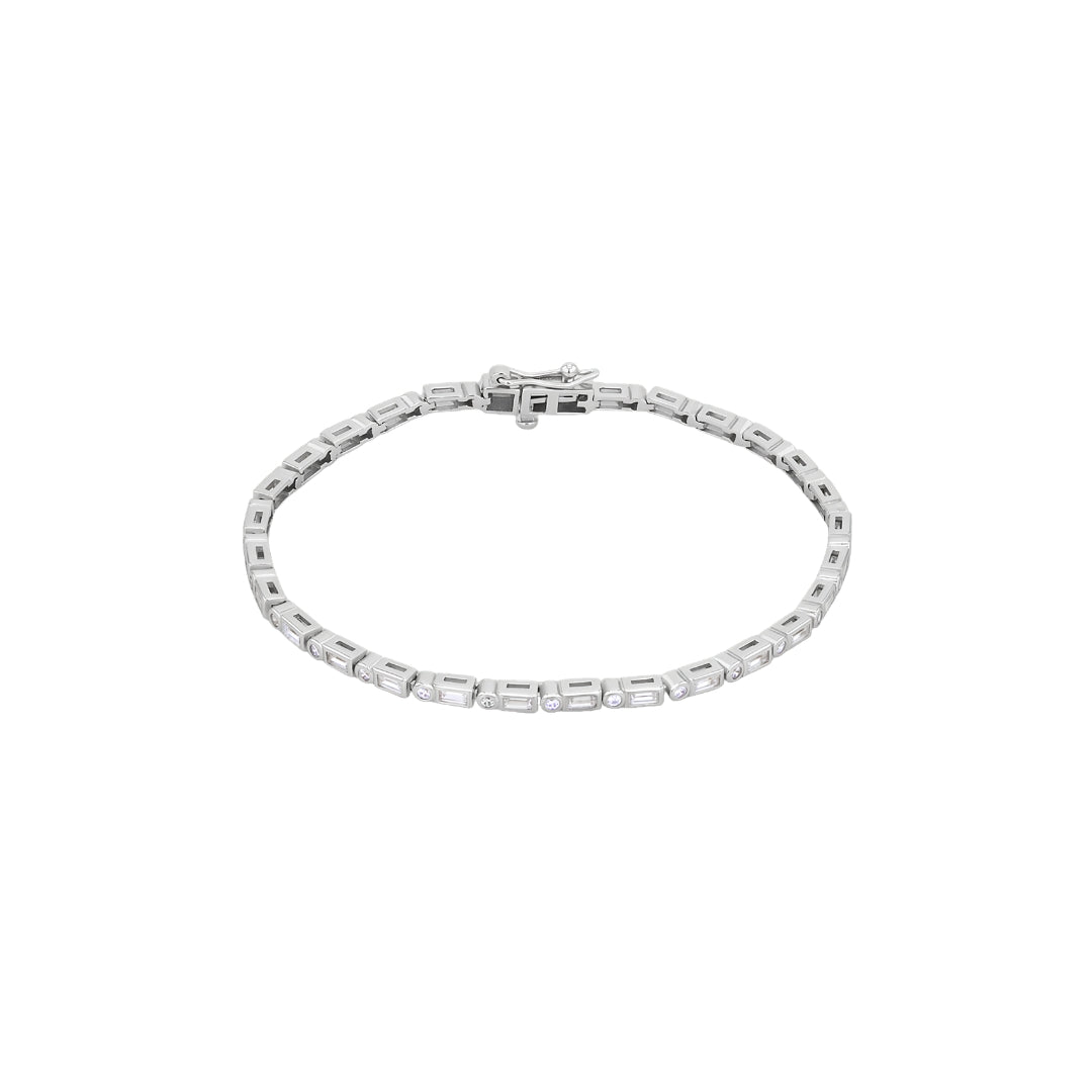 Sterling Silver Rhodium Plated White Baguette & Round CZ Tennis Bracelet