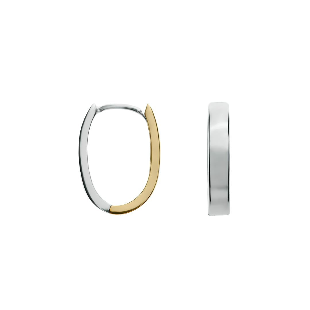 9CT Two Tone White & Yellow Gold Flat Huggy Hoop Earrings 16 x 11.5mm