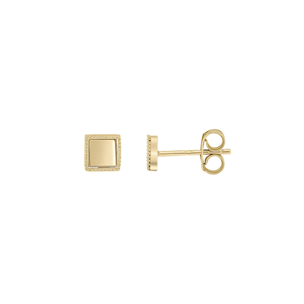 9CT Yellow Gold Beaded Edge Square Stud Earrings 5.5mm