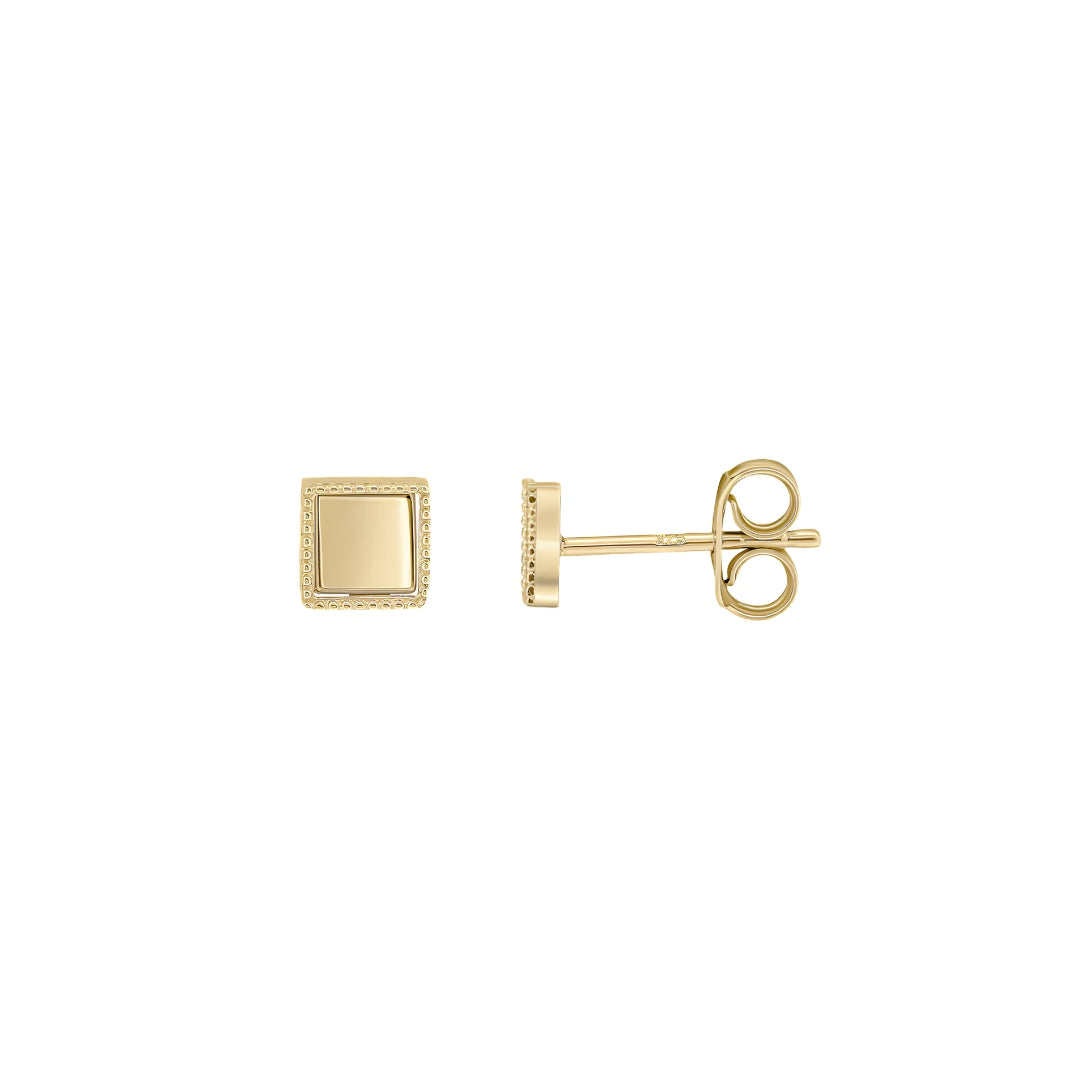 9CT Yellow Gold Beaded Edge Square Stud Earrings 5.5mm