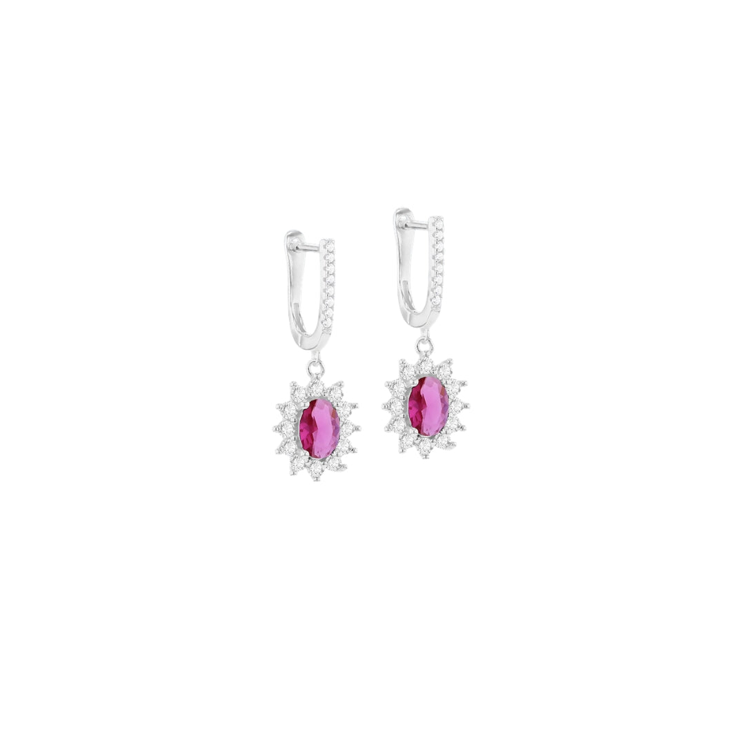 Sterling Silver White CZ & Red Glass Flower Cluster Huggy Earrings