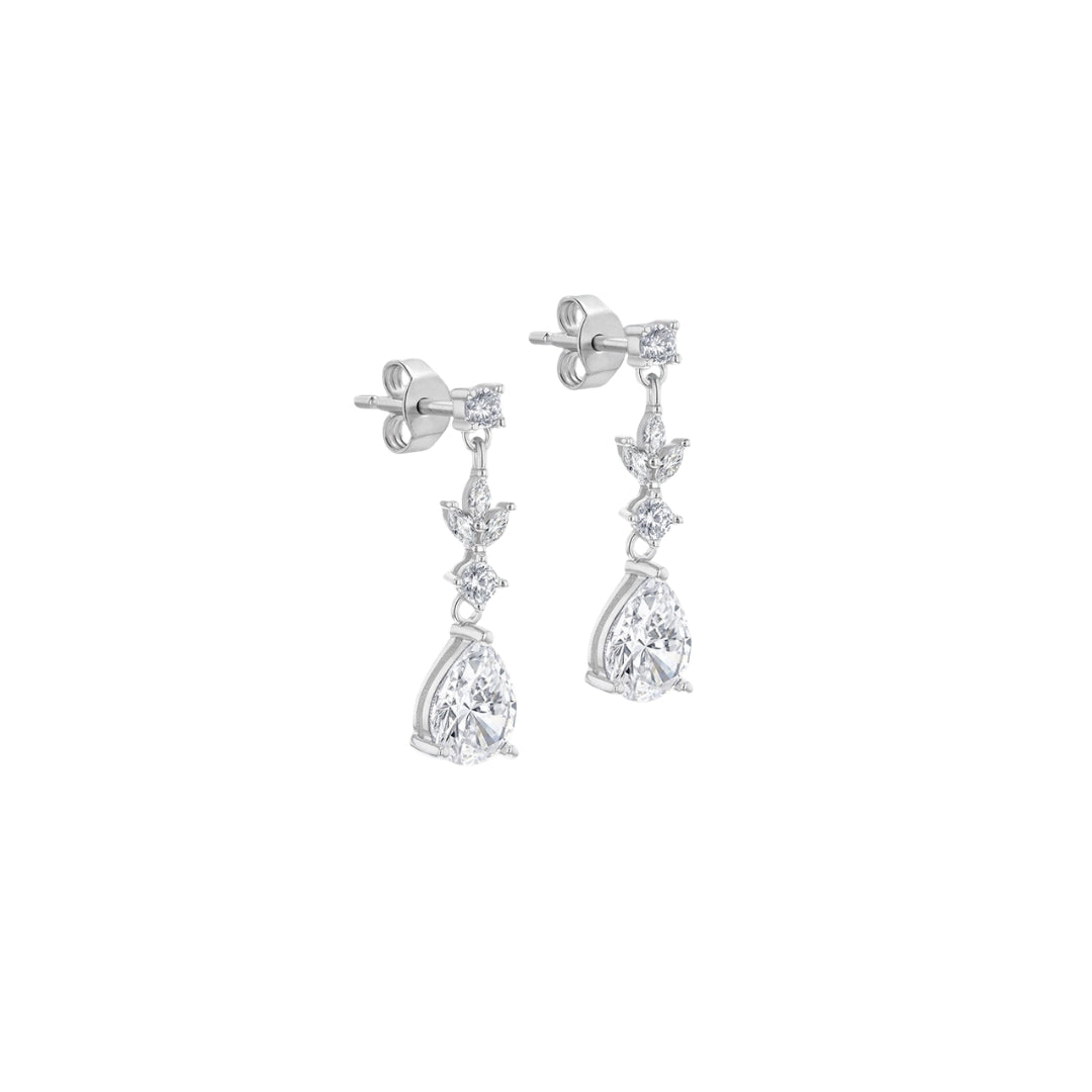 Sterling Silver Rhodium Plated White Marquise CZ & Teardrop CZ Drop Earrings