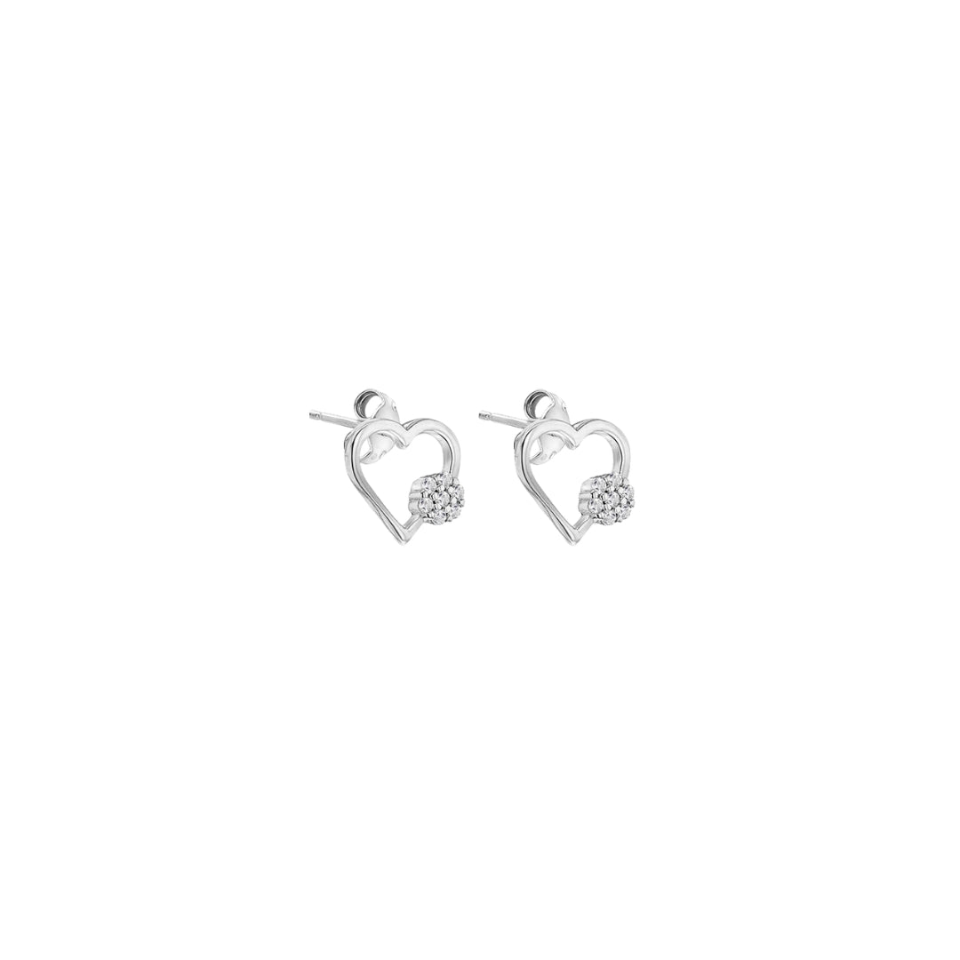 Sterling Silver Rhodium Plated CZ Cluster Open-Heart Stud Earrings