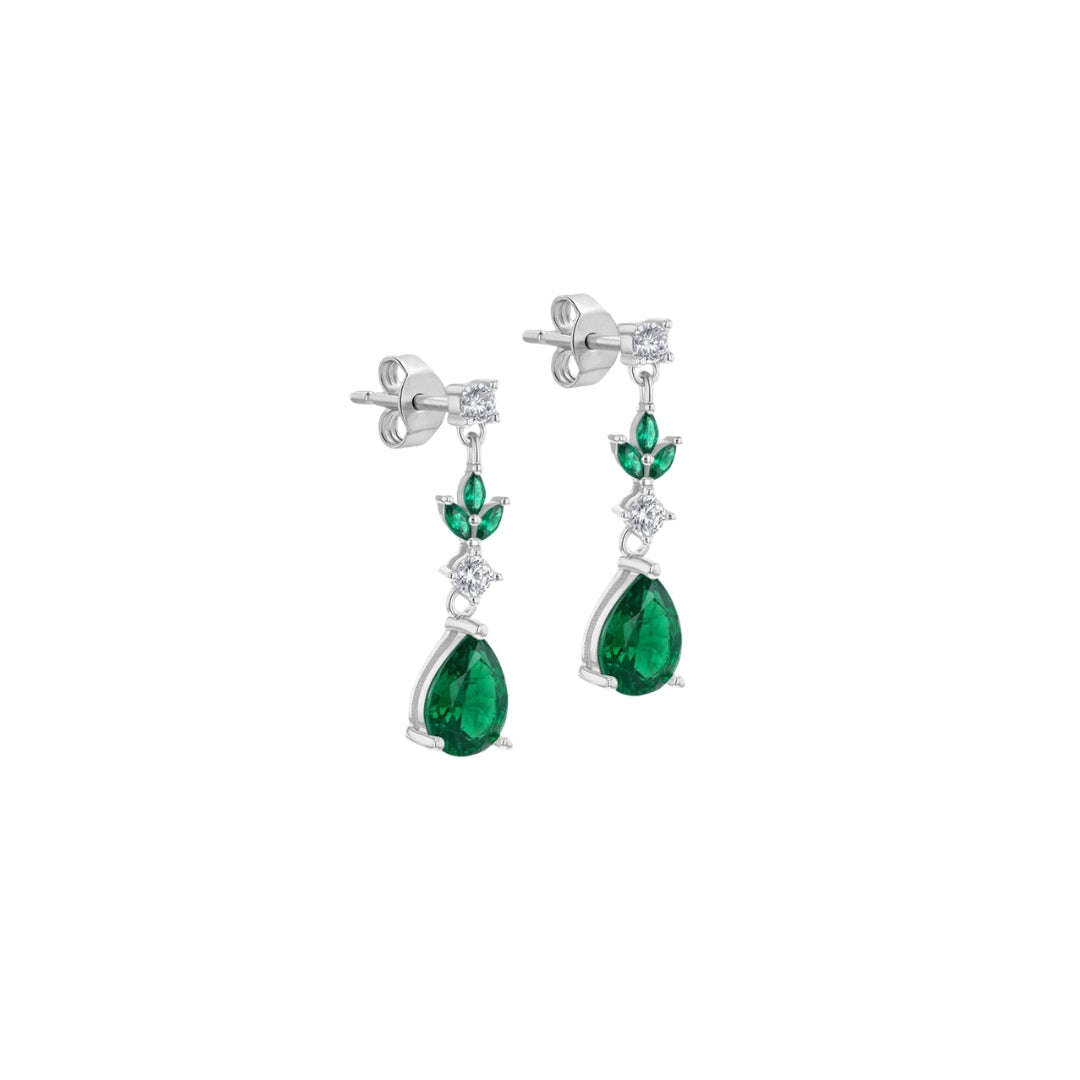 Sterling Silver Rhodium Plated White Round CZ & Green Glass Drop Earrings
