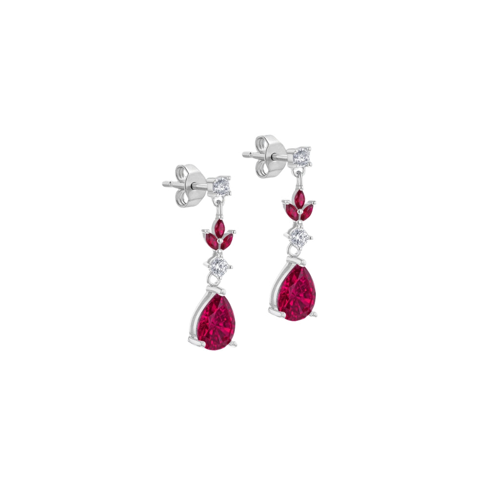 Sterling Silver Rhodium Plated White Round CZ & Red Glass Drop Earrings