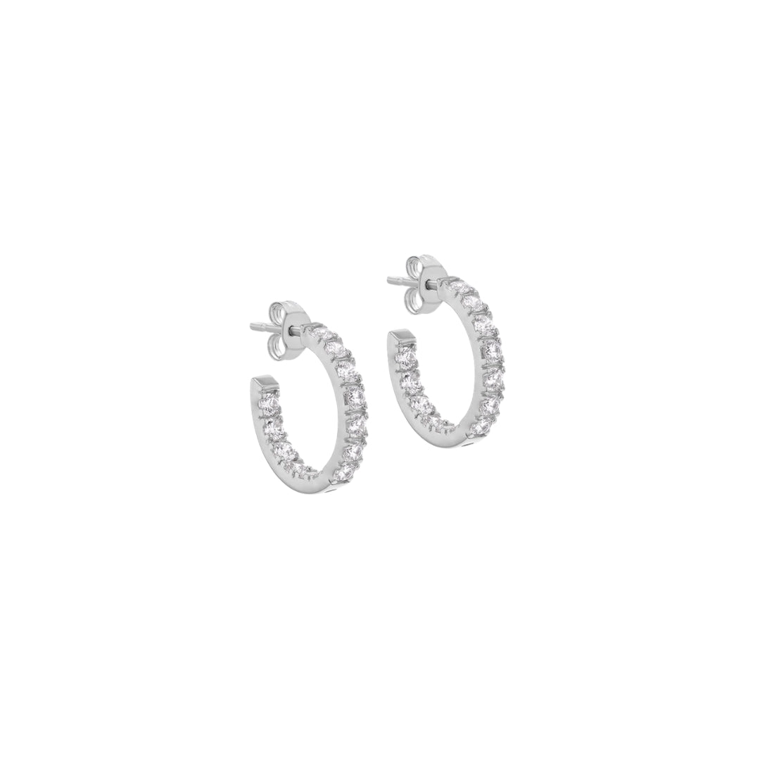 Sterling Silver Rhodium Plated White Round CZ Half-Creole Stud Earrings