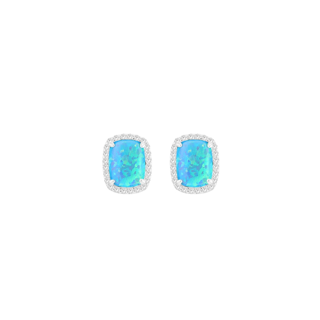 Sterling Silver Rhodium Plated Rectangle Synthetic Turquoise Opal & White CZ Halo Stud Earrings