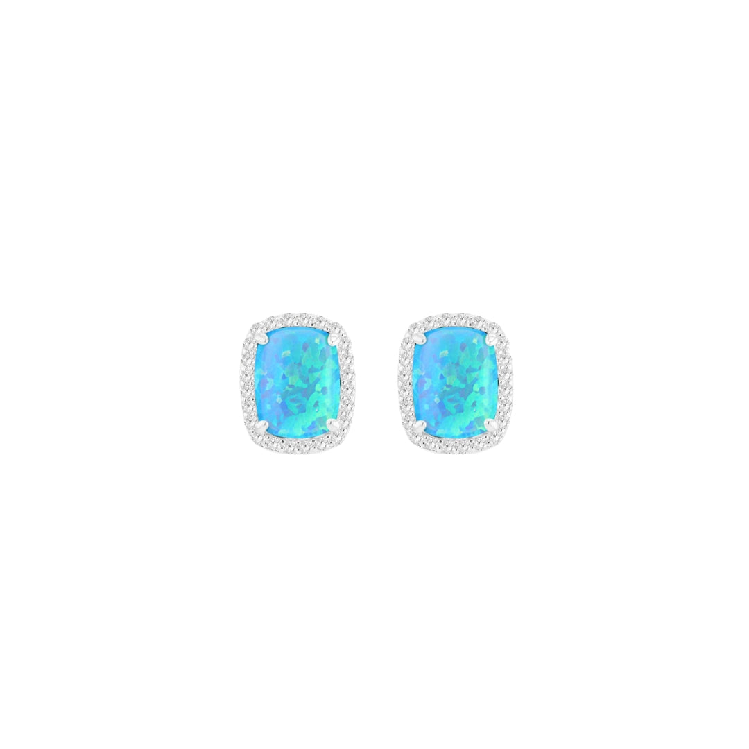 Sterling Silver Rhodium Plated Rectangle Synthetic Turquoise Opal & White CZ Halo Stud Earrings