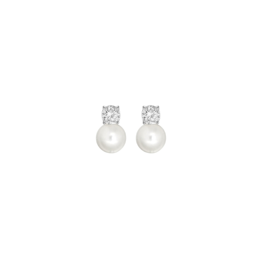 Sterling Silver Simulated Pearl & CZ Stud Earrings