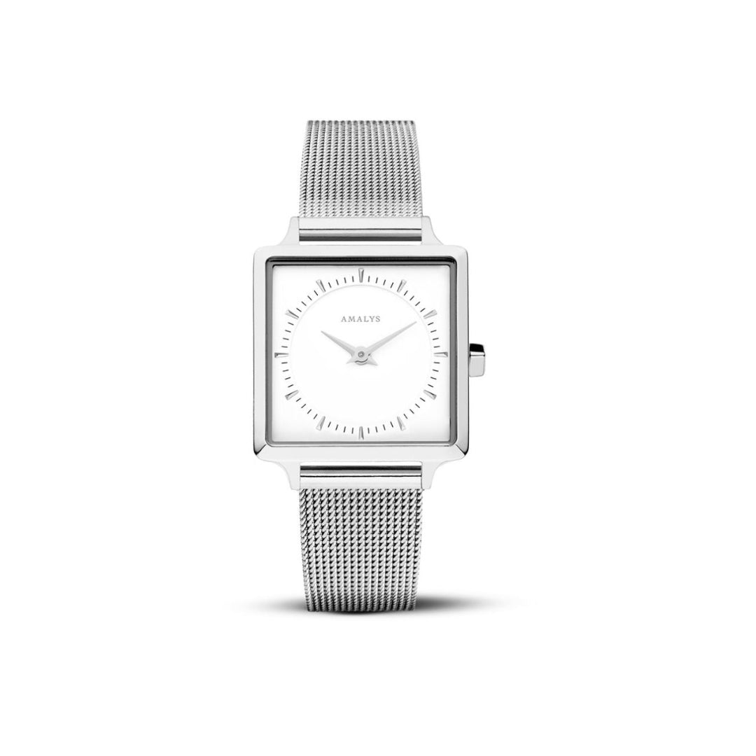 Amalys Claire Silver Mesh Watch – White Dial with Stainless Steel Bracelet