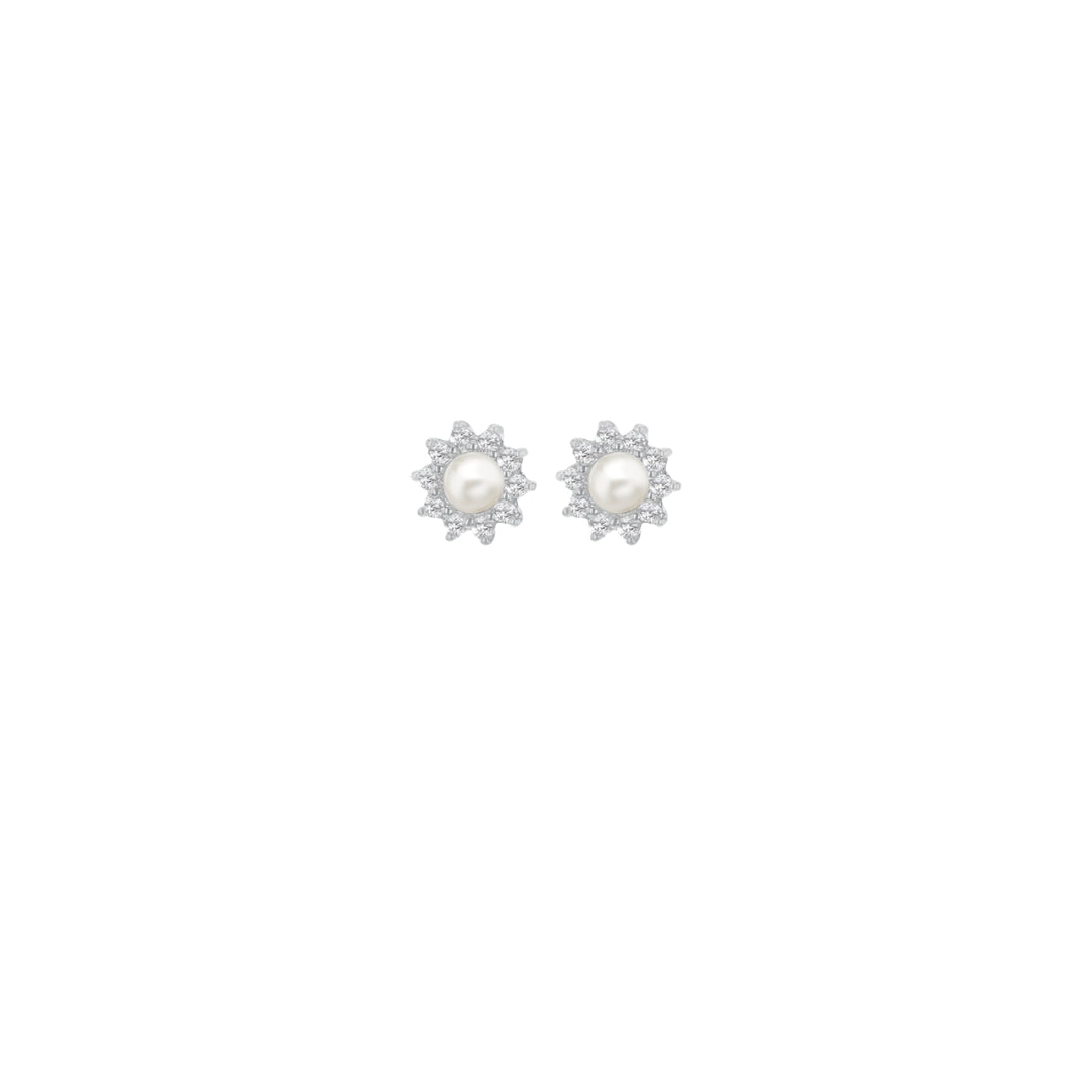 Sterling Silver White CZ & Freshwater Pearl Cluster Stud Earrings