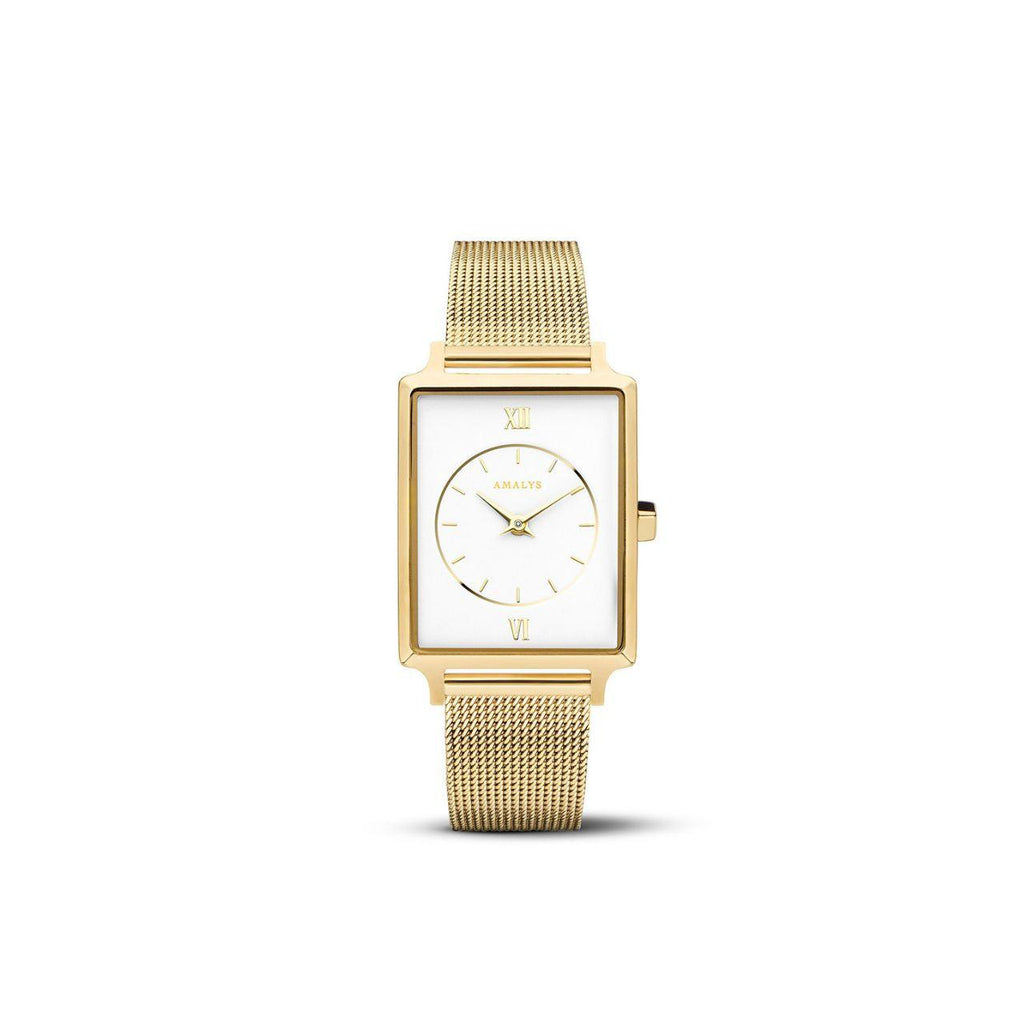 Amalys Emily Gold Mesh Watch – White Dial with Stainless Steel Bracelet