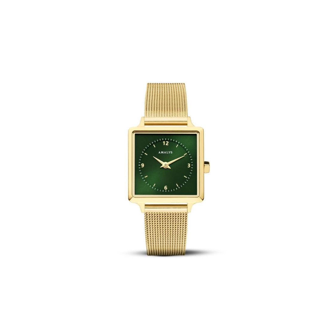Amalys Suzette Gold Mesh Watch – Green Dial with Stainless Steel Bracelet
