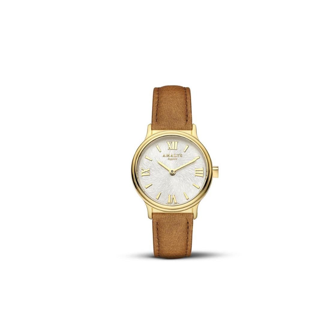 Amalys Charline Brown Strap Watch – White Dial with Leather Band