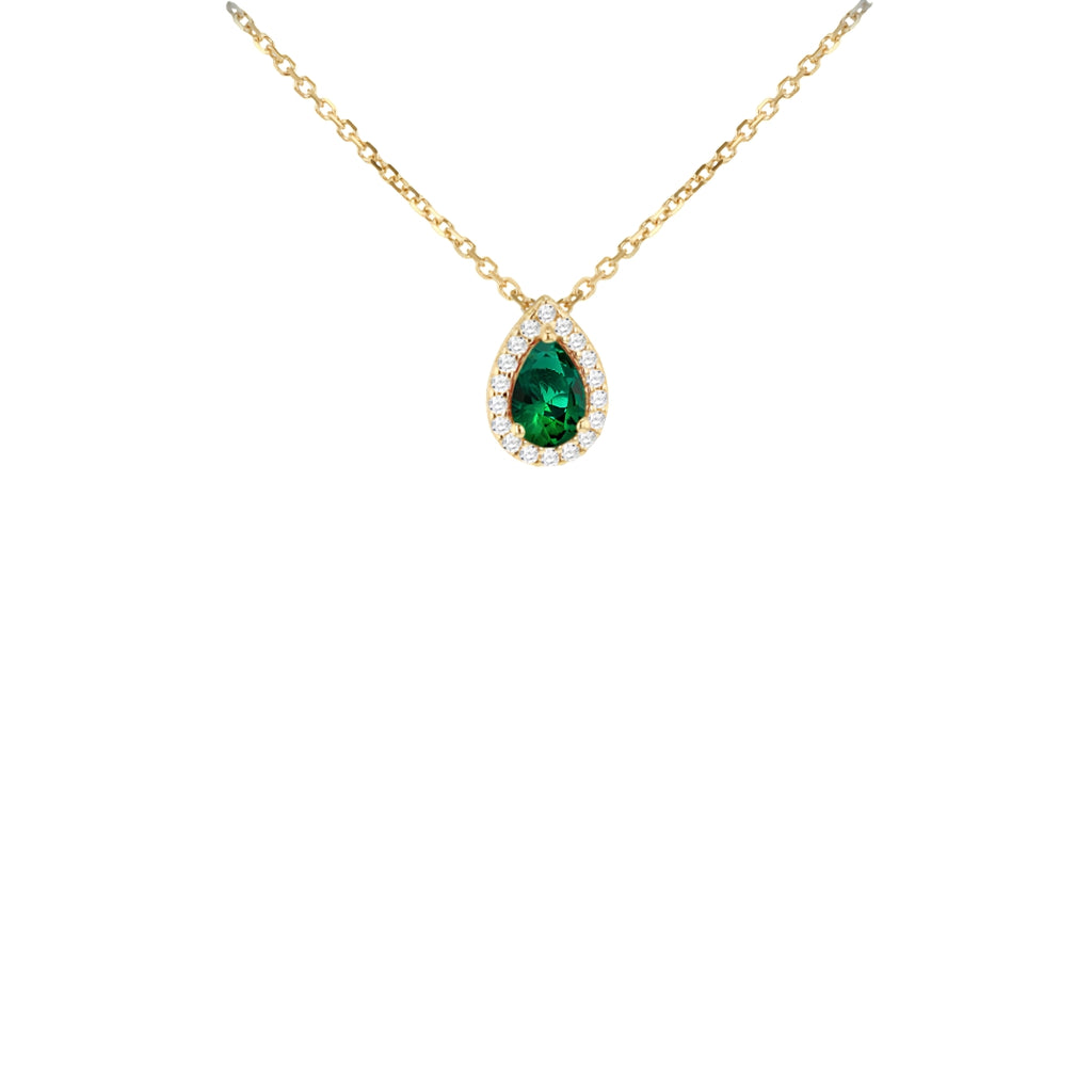 9ct Yellow Gold Green Pear Shape CZ Halo Necklace
