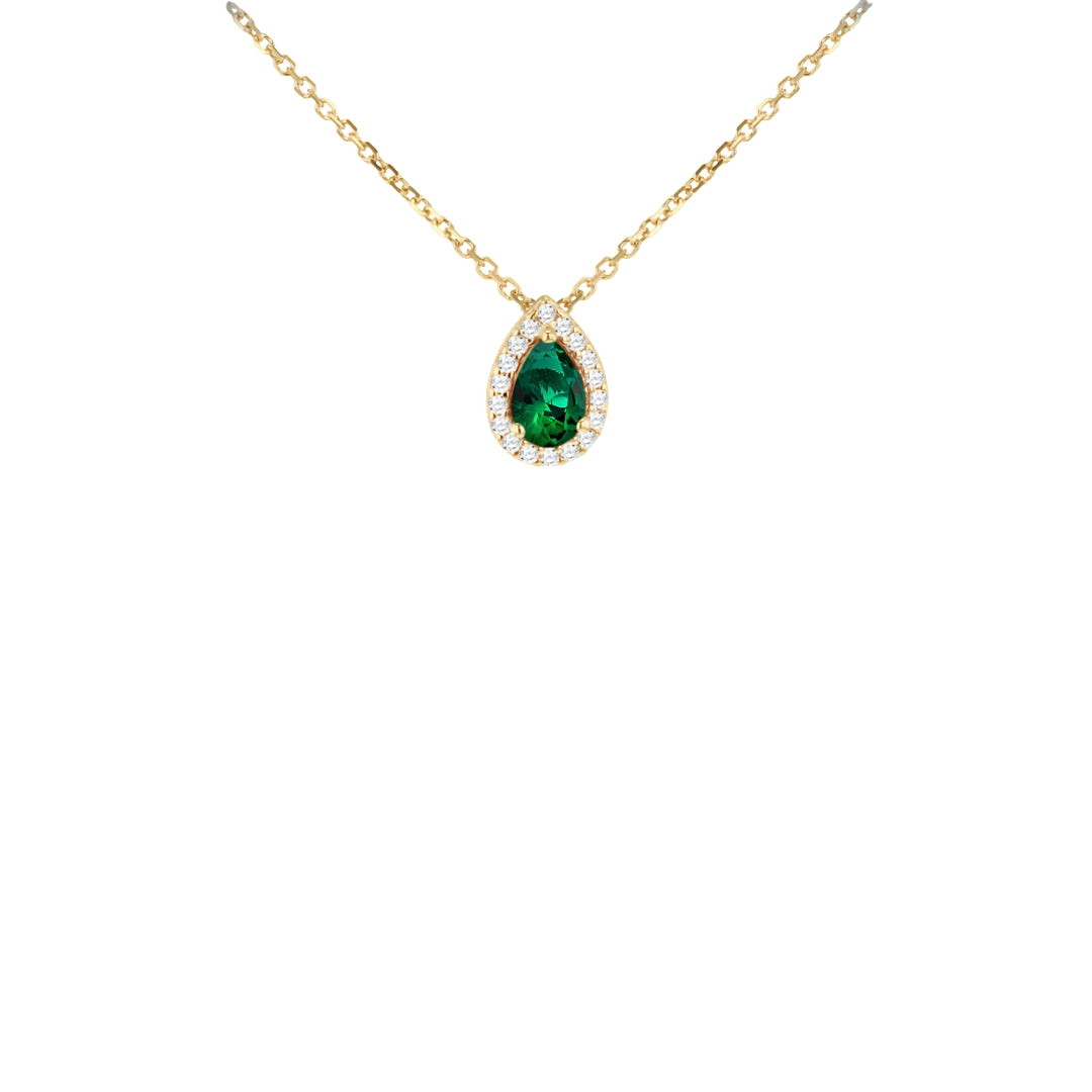 9ct Yellow Gold Green Pear Shape CZ Halo Necklace