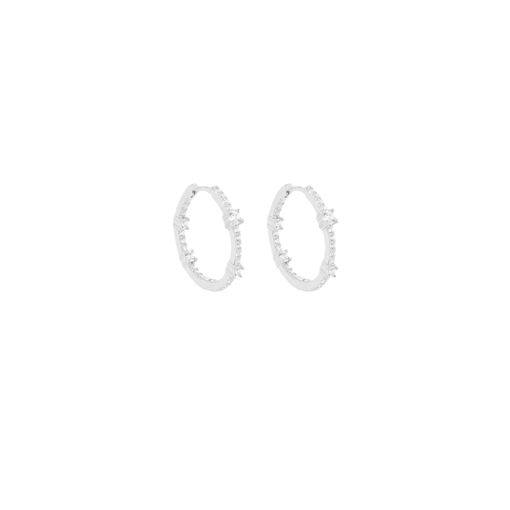 Sterling Silver Rhodium Plated CZ Interval Hoop Creole Earrings