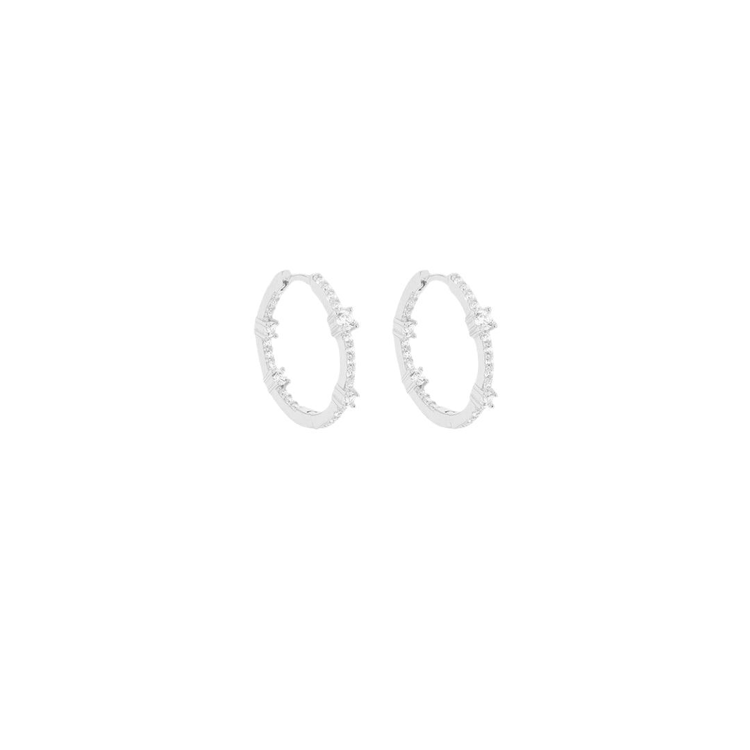 Sterling Silver Rhodium Plated CZ Interval Hoop Creole Earrings