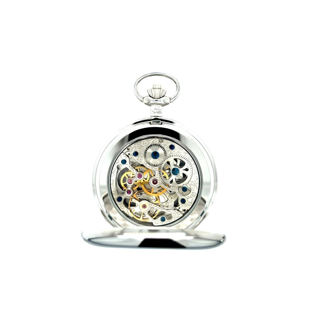 Dalton Silver-Tone Skeleton Pocket Watch with Multifunction Dial