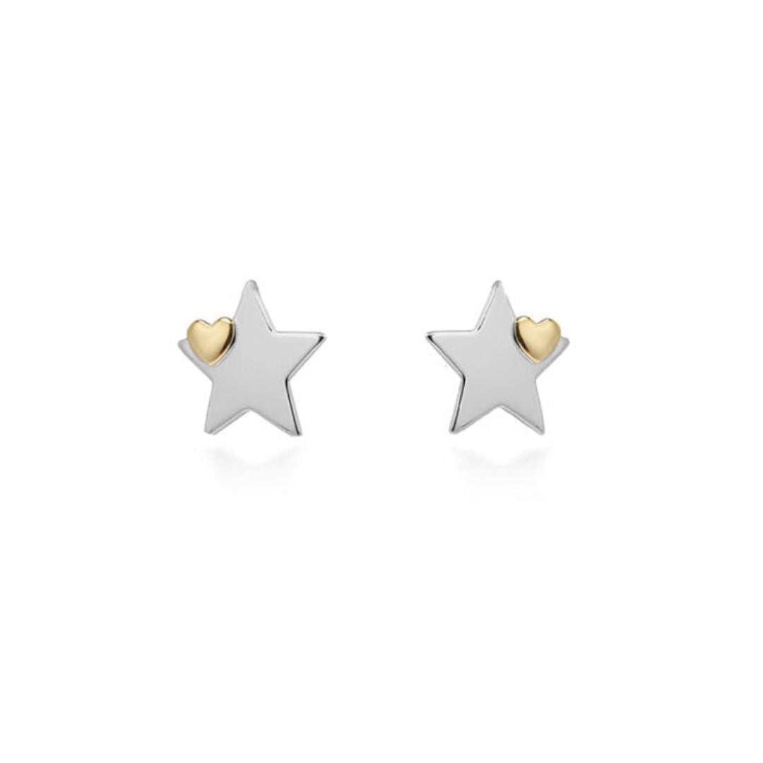 Star-shaped earrings with gold heart centers on a white background
