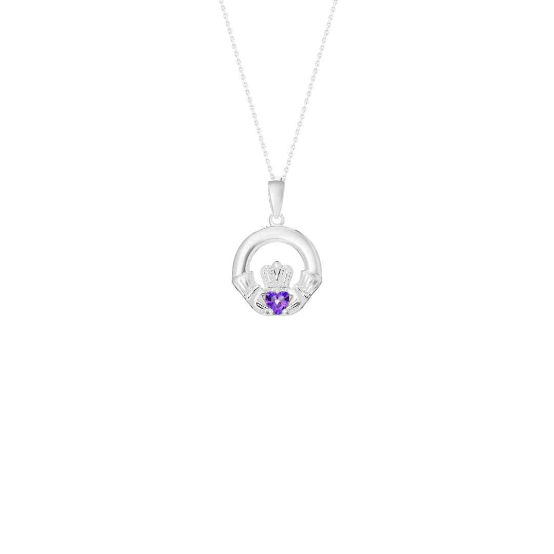 Sterling Silver February Birthstone Claddagh Pendant