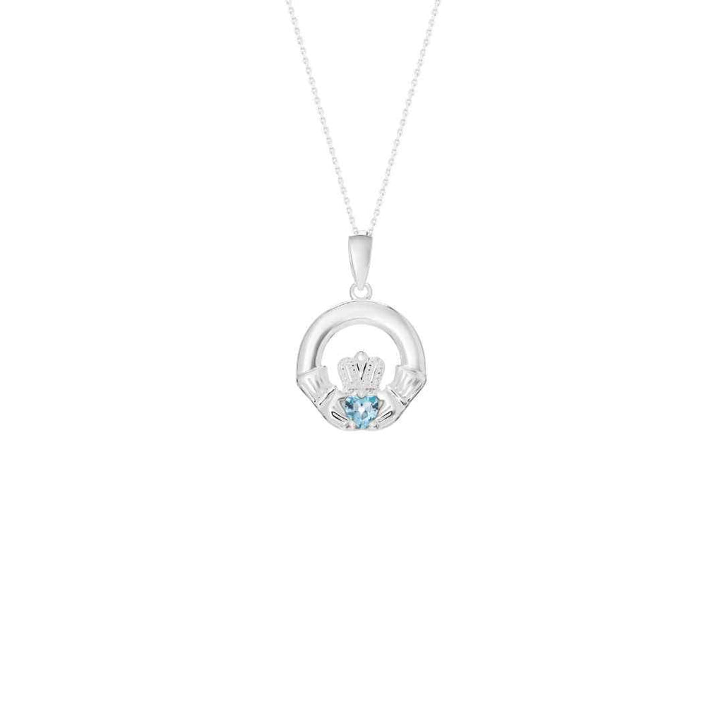 Sterling Silver March Birthstone Claddagh Pendant
