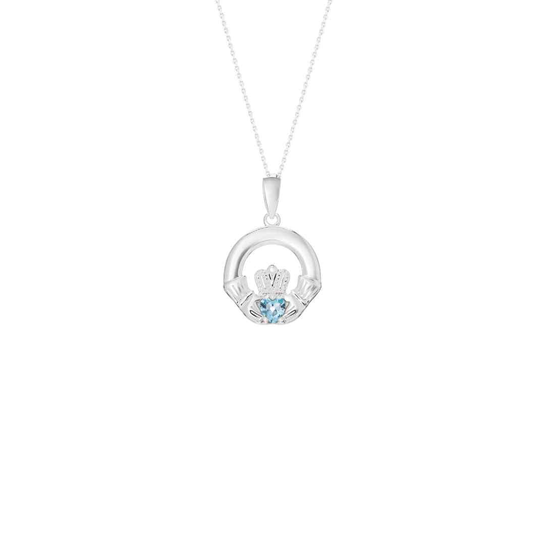 Sterling Silver March Birthstone Claddagh Pendant