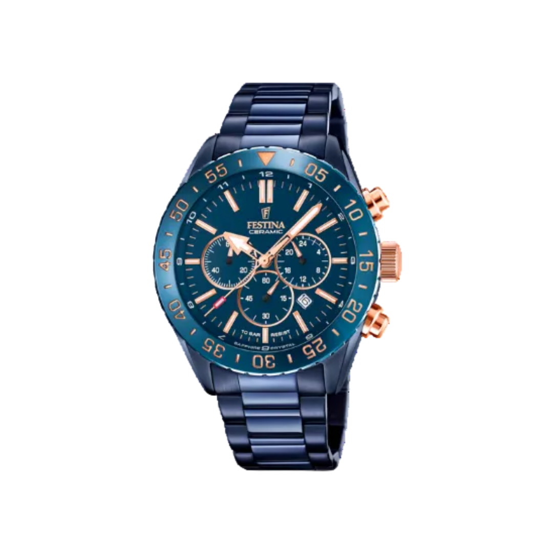Festina Ceramic Chronograph – Blue Dial with Rose‑Gold Accents