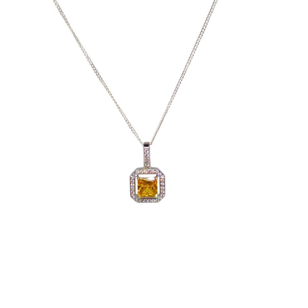 Golden Radiance Sterling Silver Necklace – Princess-Cut CZ Halo